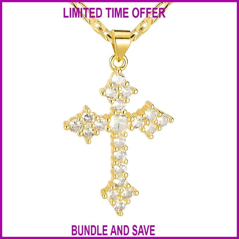 14K Gold Plated Cross Necklace with CZ Stones, Adjustable Chain